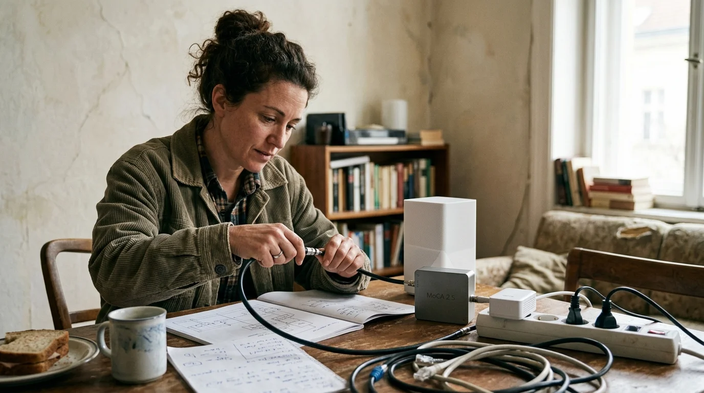 A woman sits at a wooden table connecting a coaxial cable to a MoCA 2.5 adapter next to a white router and notes.