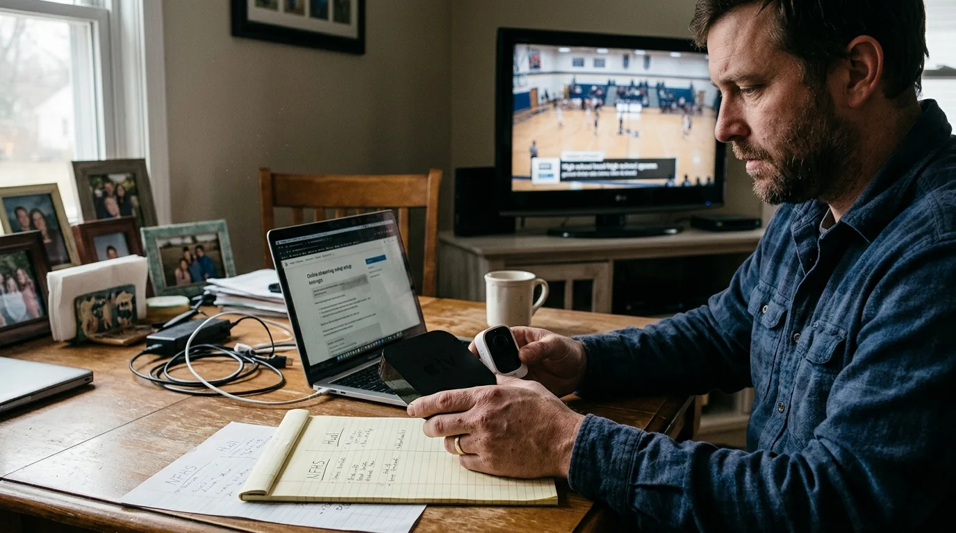 A man sits at a dining table holding an Apple TV box near a laptop, notepad, and a television playing a basketball game.