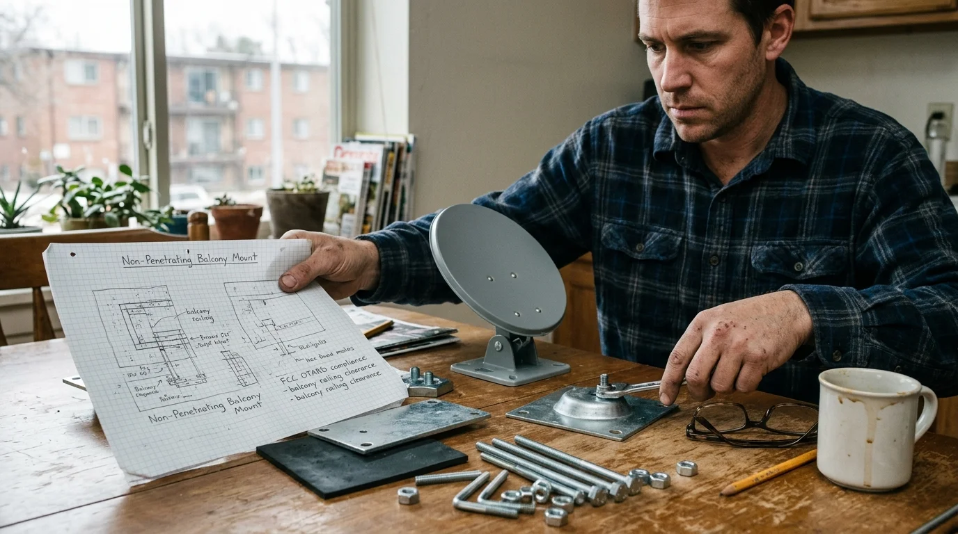 A man at a table reviews hand-drawn schematics while assembling metal antenna mounting hardware with a wrench.