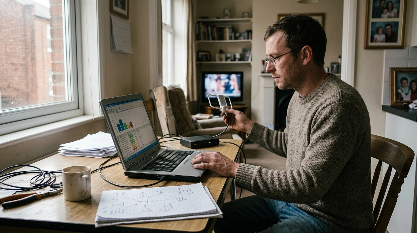 A man wearing glasses sits at a desk using a laptop connected to a small tuner device and holding an antenna.
