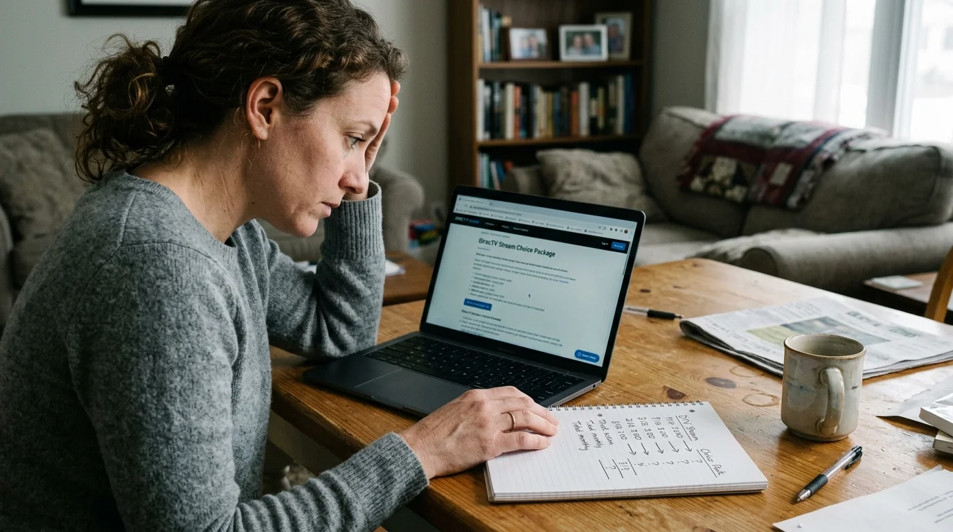 A stressed woman looks at her laptop while calculating expenses on a notepad at a wooden dining table.
