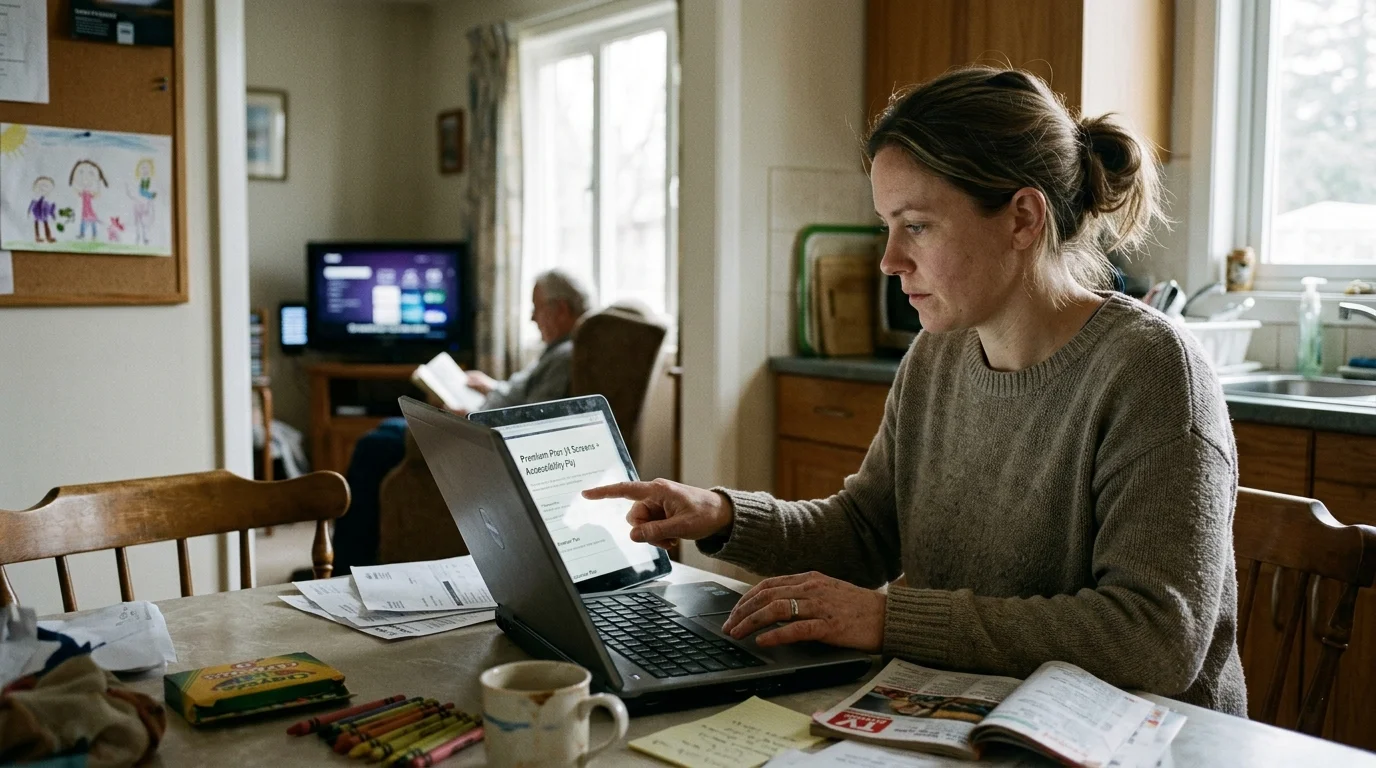 A woman sits at a dining table pointing at a laptop screen, with papers, crayons, and a man reading in the background.