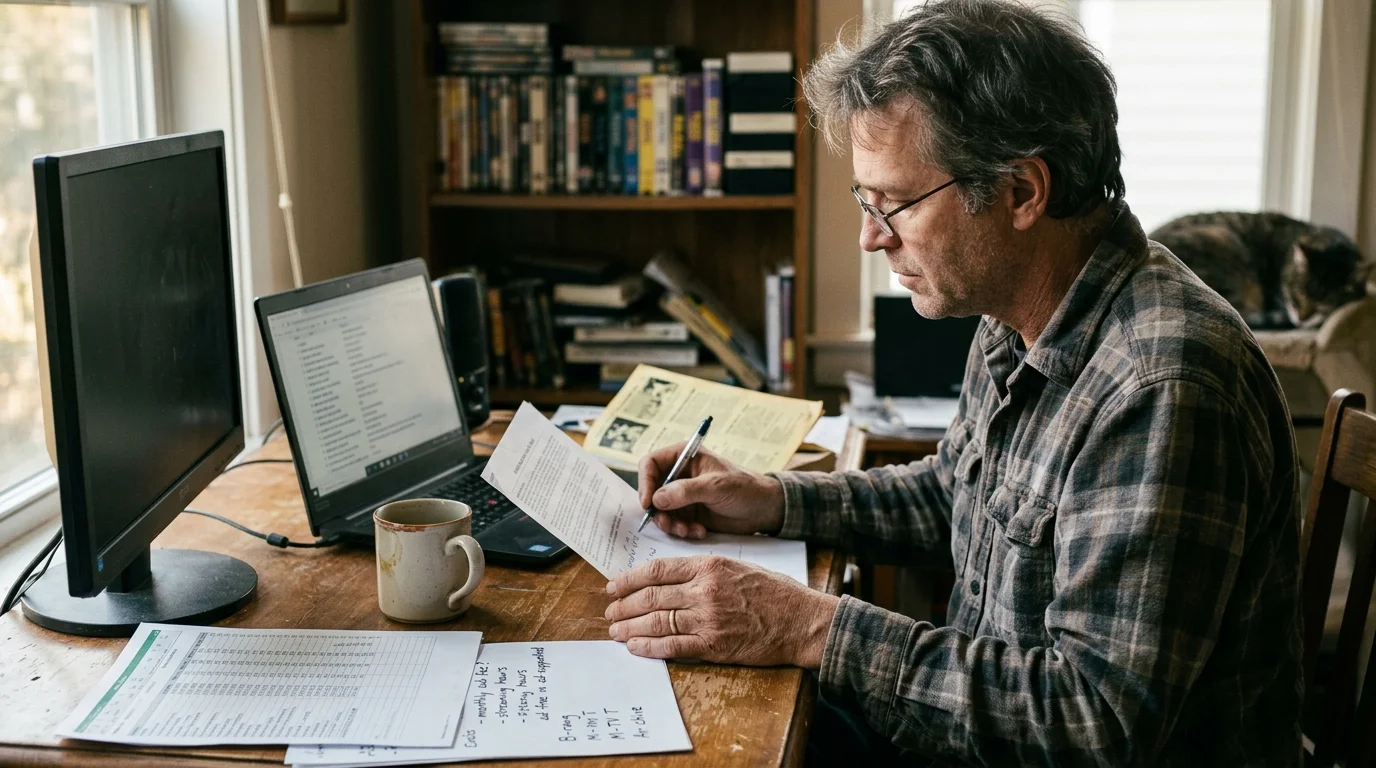 A man in a plaid shirt sits at a wooden desk with a laptop and papers, writing with a pen.