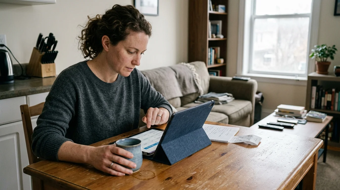 A woman sitting at a wooden table with a mug, tapping on a tablet display in a living room.