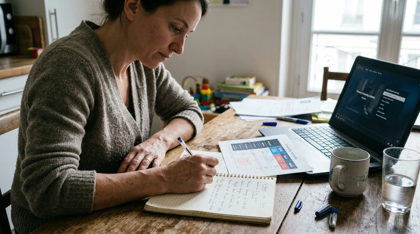 Woman sitting at a wooden table writing in a notebook beside an open laptop streaming video and printed comparison sheets.