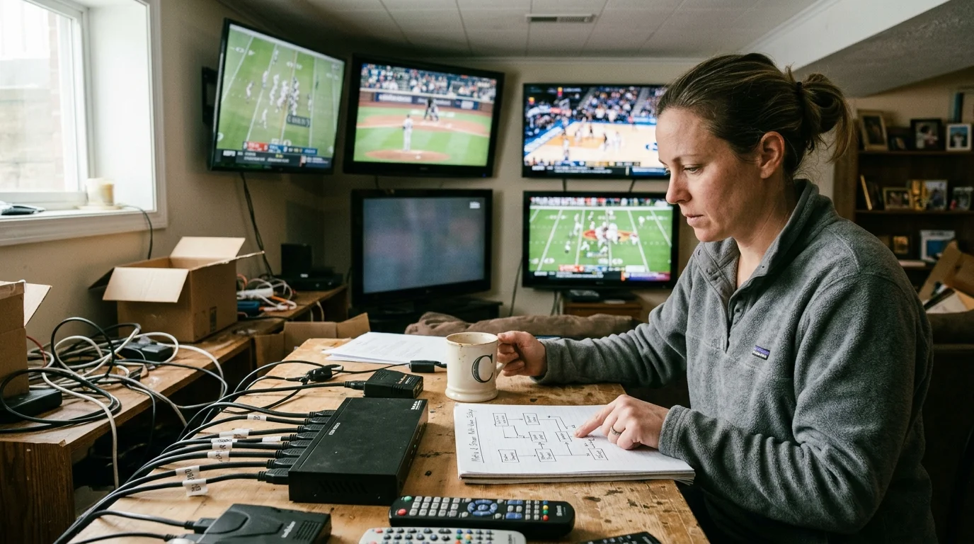 A woman with a coffee mug and wiring diagram sits by an HDMI switch, with sports playing on multiple TVs behind her.