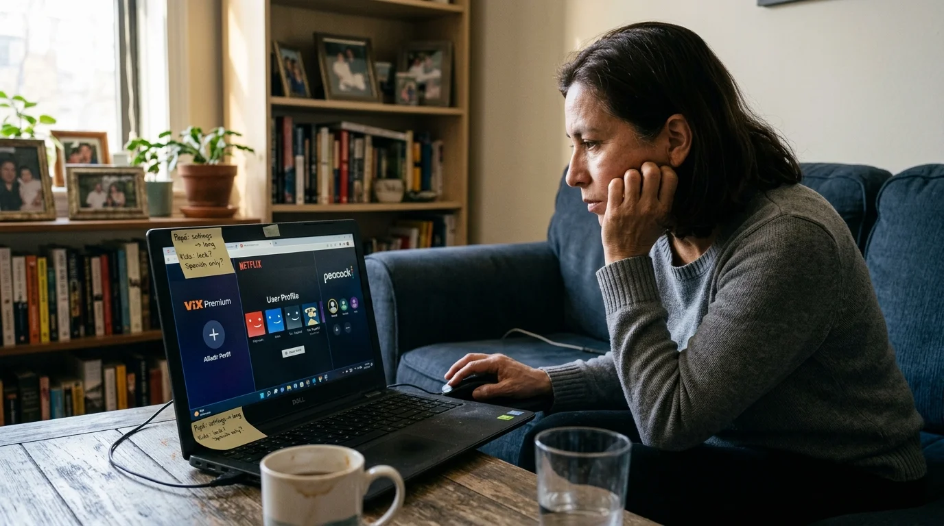 A woman rests her chin on her hand while looking at streaming user profiles displayed on a laptop screen.