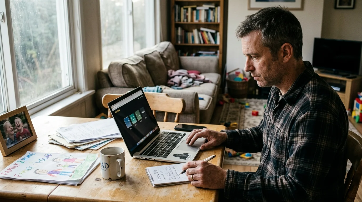 A man sits at a wooden table using a laptop showing user profile icons, with a notepad, coffee mug, and pen nearby.