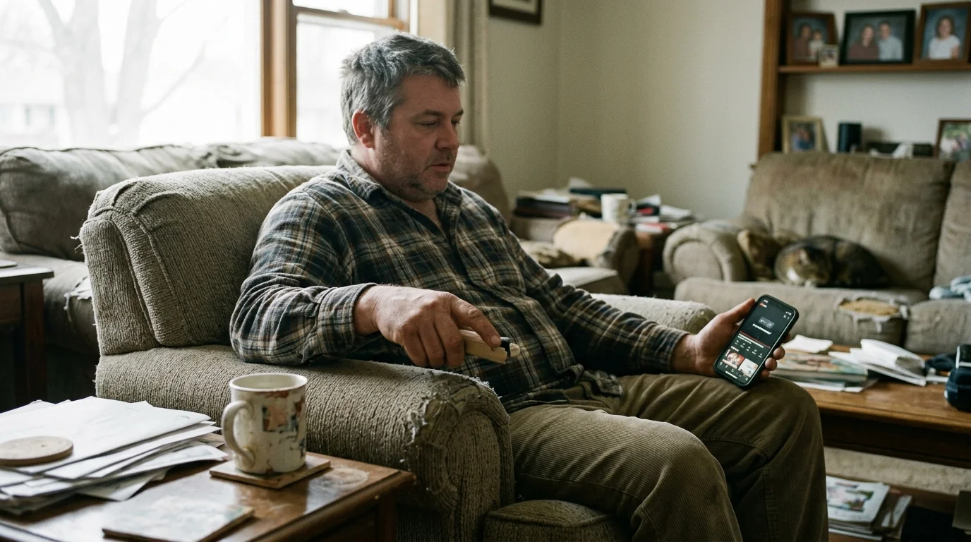 A man in a plaid shirt sits in an armchair holding a smartphone displaying a streaming interface.