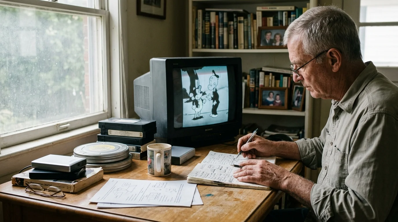 A man at a wooden desk takes notes while watching a black-and-white cartoon on an old CRT monitor.
