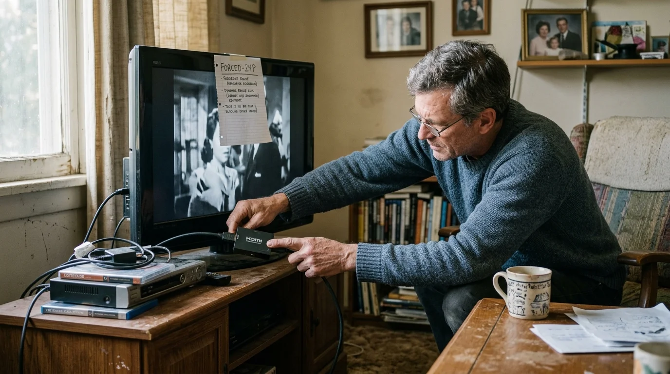 A man seated in a living room connects an HDMI device to an older flat-screen television displaying a black-and-white film.