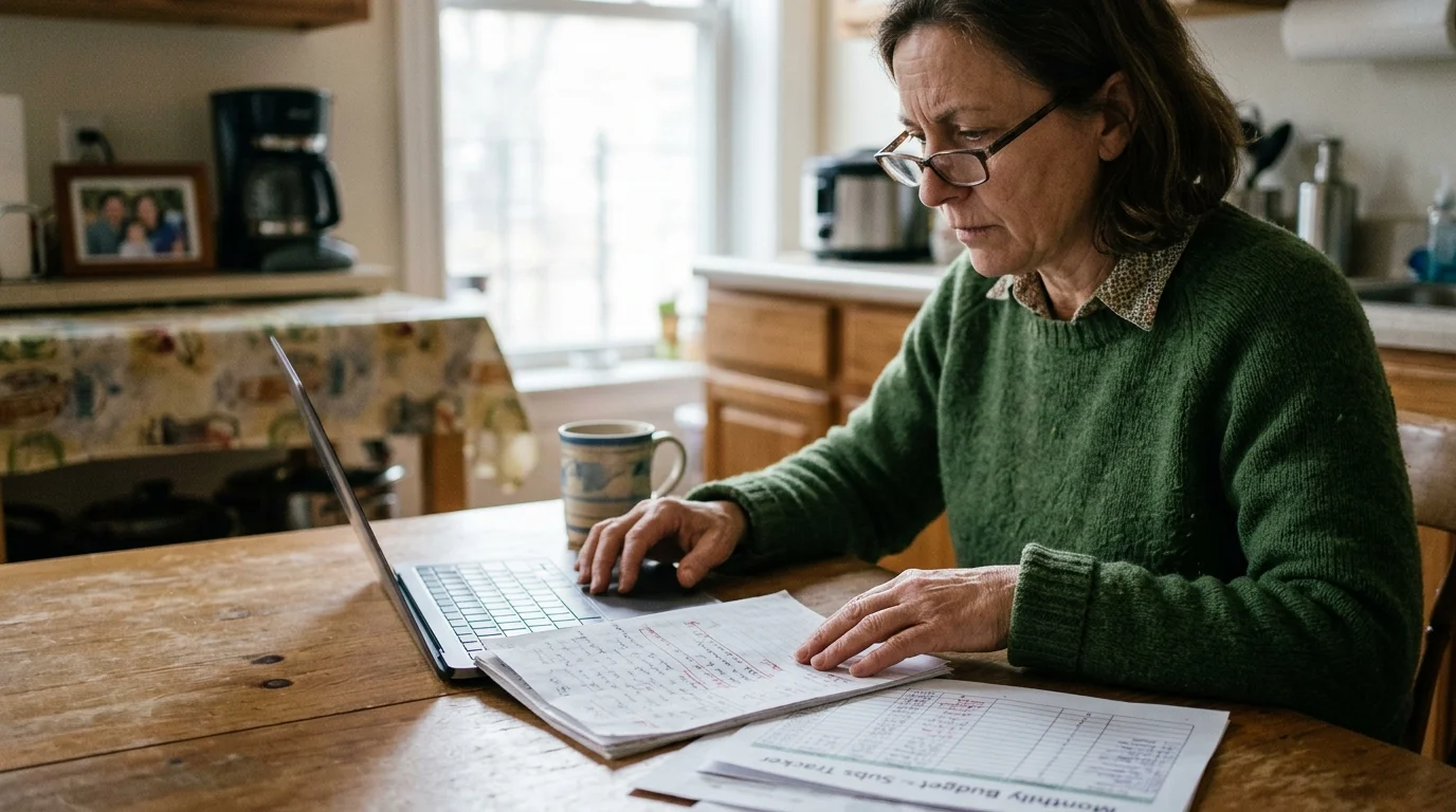 A woman wearing glasses and a green sweater sits at a wooden table reviewing papers and using a laptop in a kitchen.