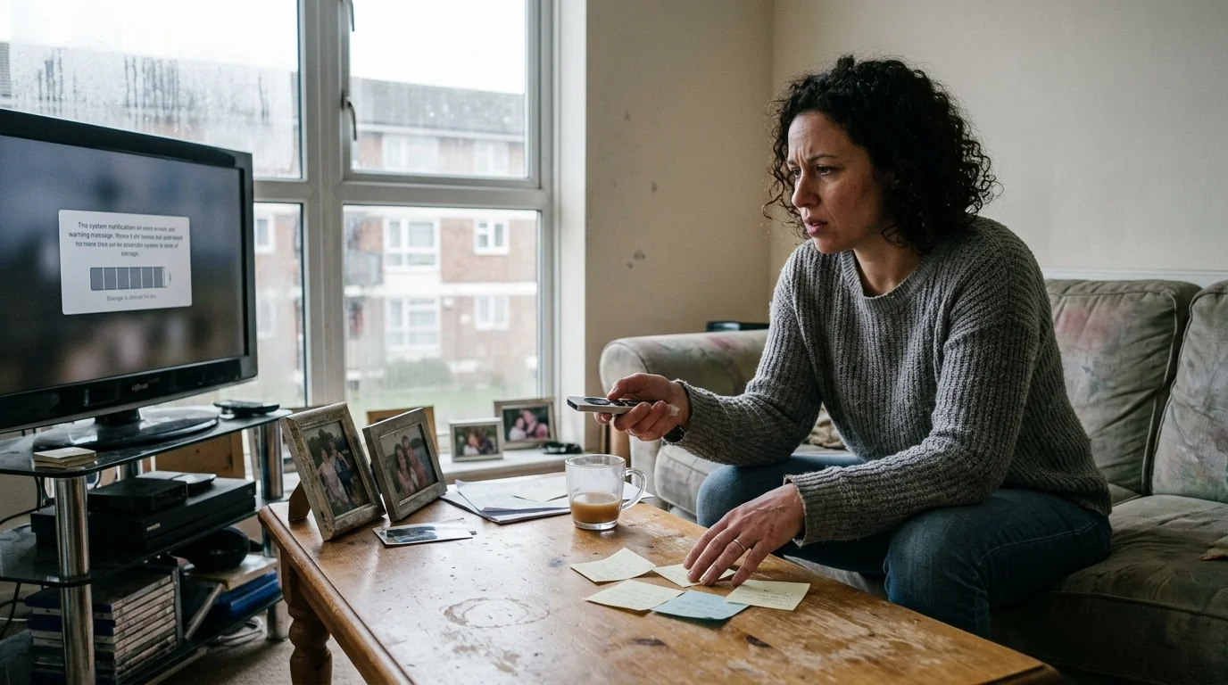 A woman sits on a living room couch holding a remote toward a television displaying a storage notification on screen.