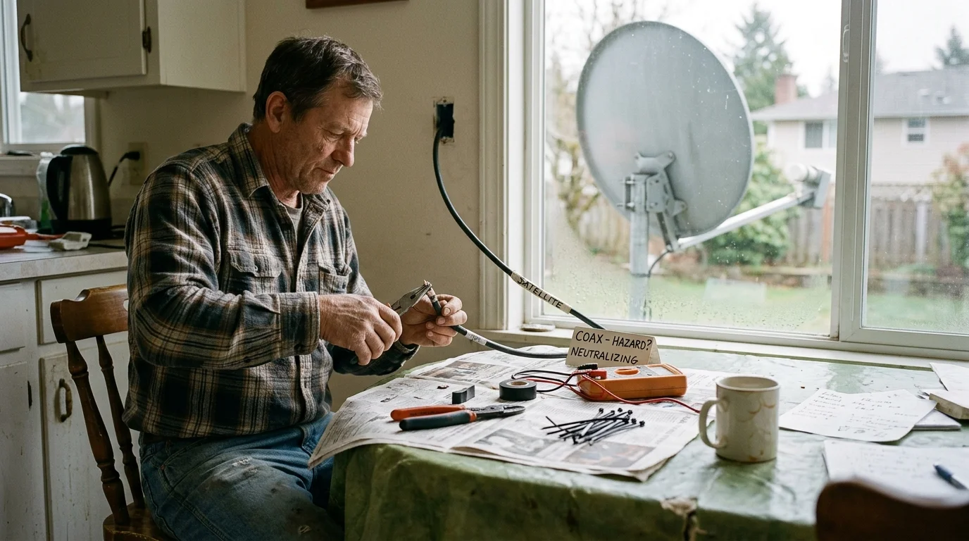 A man strips a coaxial cable at a table with tools and a multimeter, with a satellite dish visible outside the window.