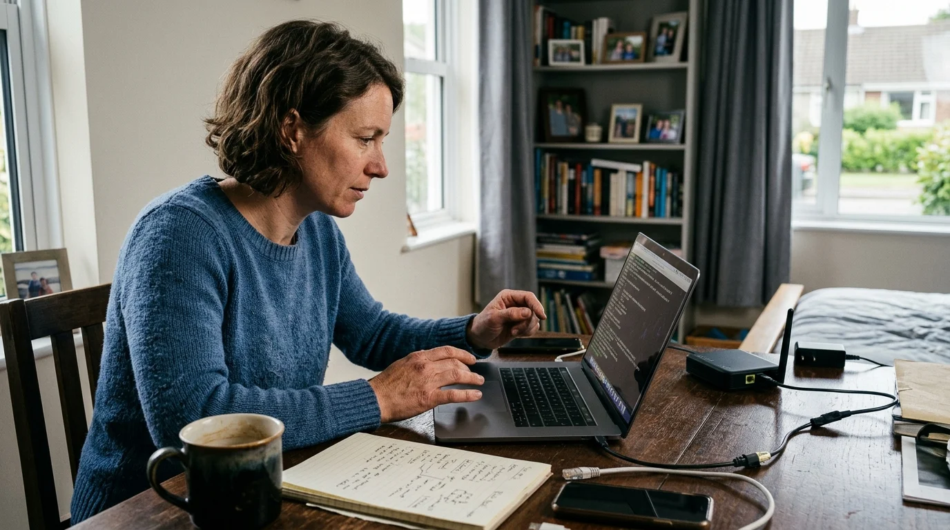 A woman sitting at a wooden table works on a laptop next to a small network router and a notebook.