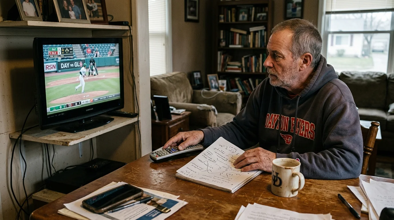 A man sits at a desk with a notebook, mug, and remote control while watching a baseball broadcast on television.