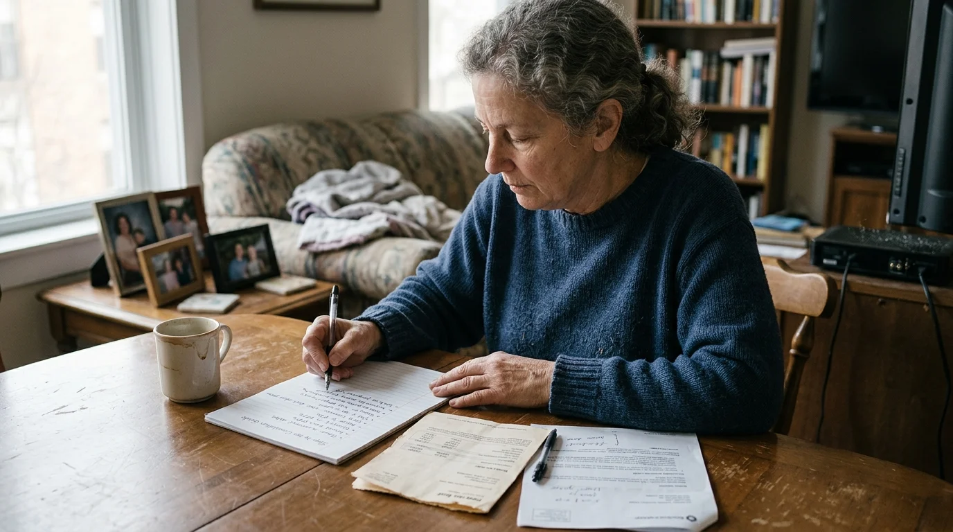 Woman in a blue sweater writing on a notepad at a wooden table with documents and a coffee mug nearby.