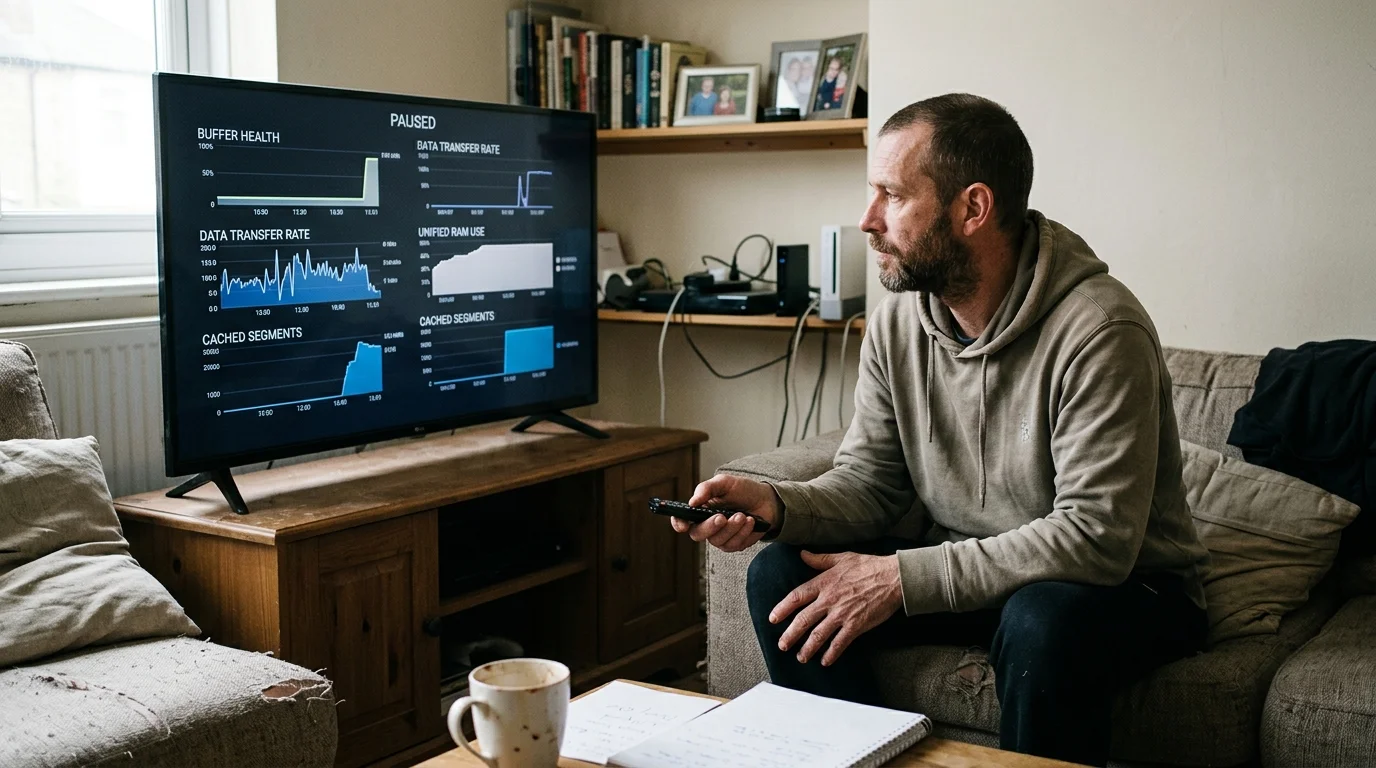 A man sits on a couch holding a remote, watching a television screen displaying diagnostic streaming metrics and graphs.