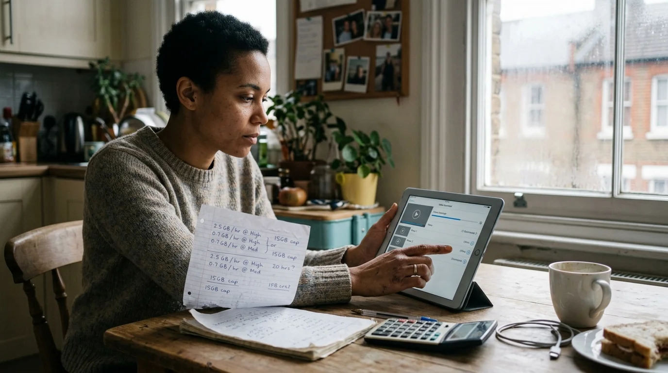 A woman sitting at a kitchen table uses a tablet next to handwritten notes and a calculator.