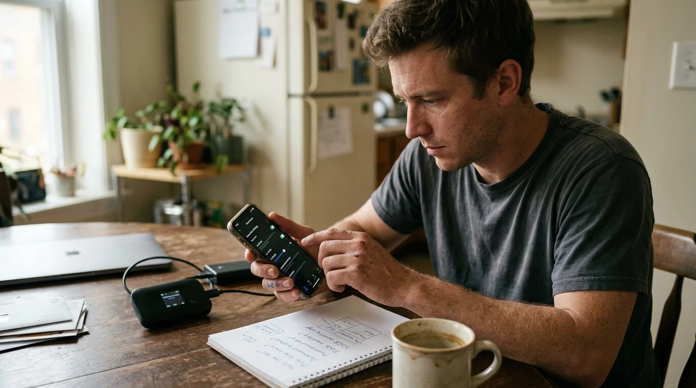A man sits at a kitchen table using his smartphone next to a portable mobile hotspot device, notebook, and coffee mug.