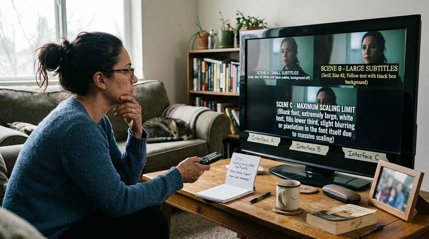 Woman holding a remote watches a television comparing three different subtitle font sizes and interface scaling limits.