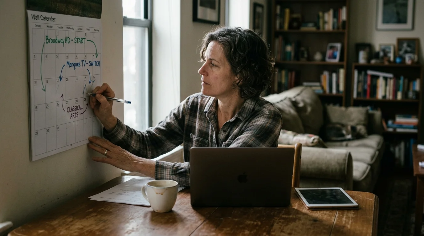 A woman sitting at a desk with a laptop writes subscription notes on a hanging wall calendar in a living room.