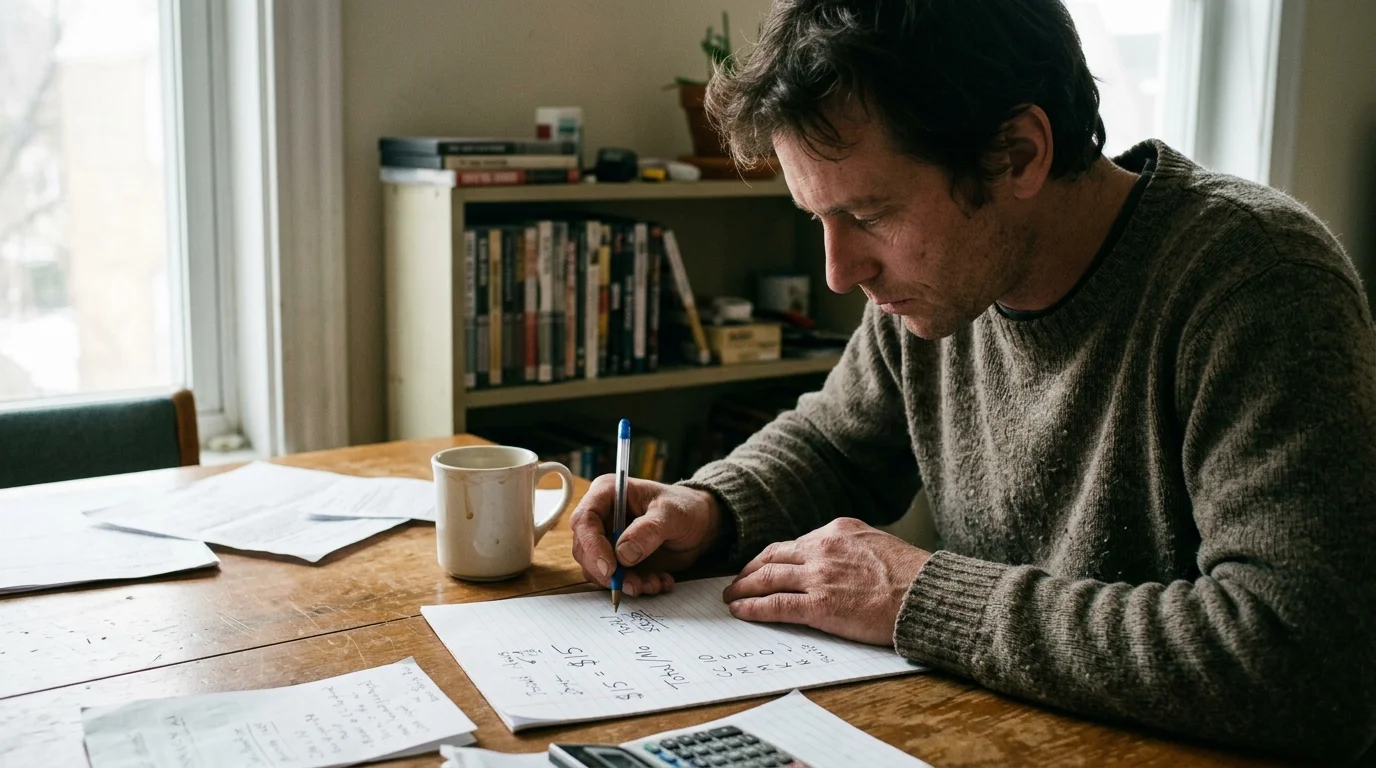 A man in a sweater writing budget calculations on paper at a wooden table with a calculator, notes, and a coffee mug.