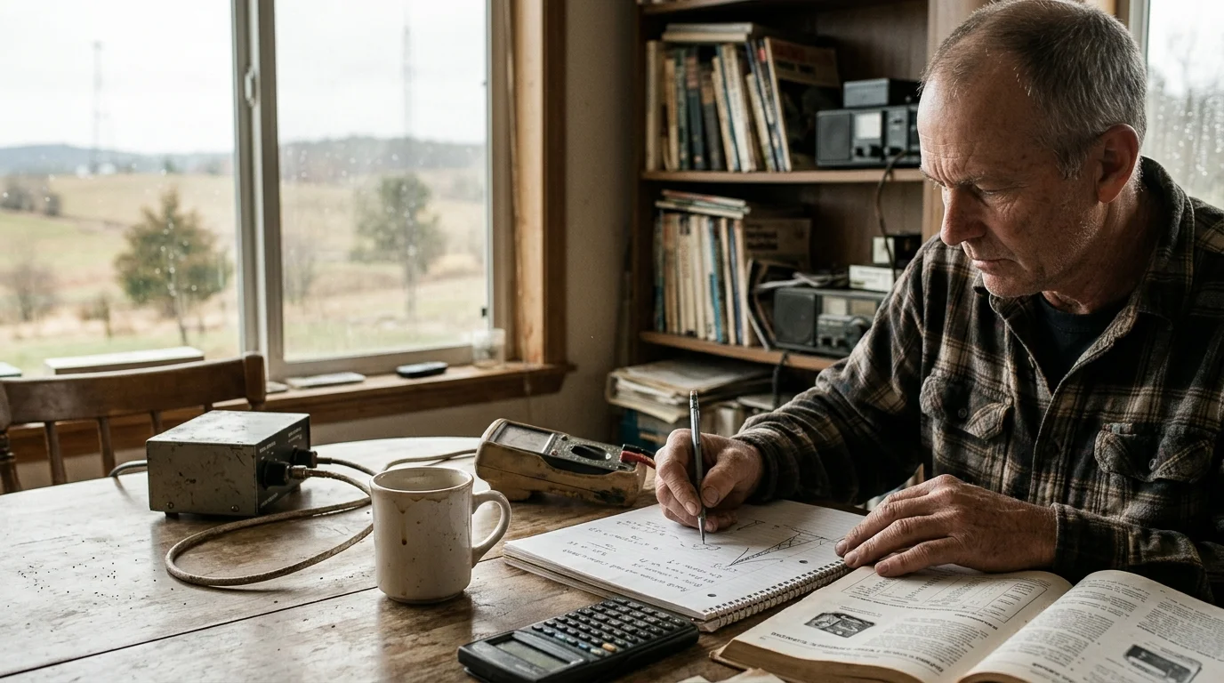 Man writing calculations in a notebook at a wooden table beside a multimeter, calculator, mug, and open reference book.