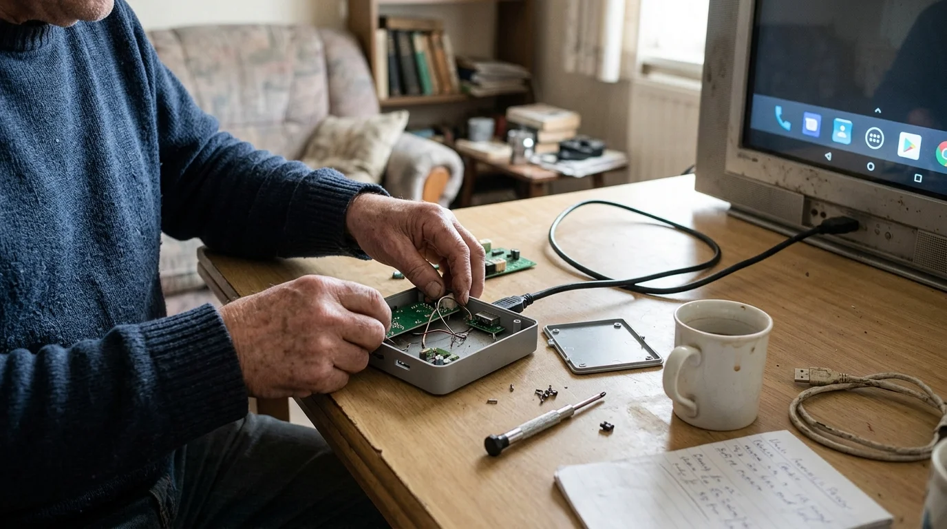 A man repairs the exposed circuit board of an open streaming box connected by cable to a television screen.