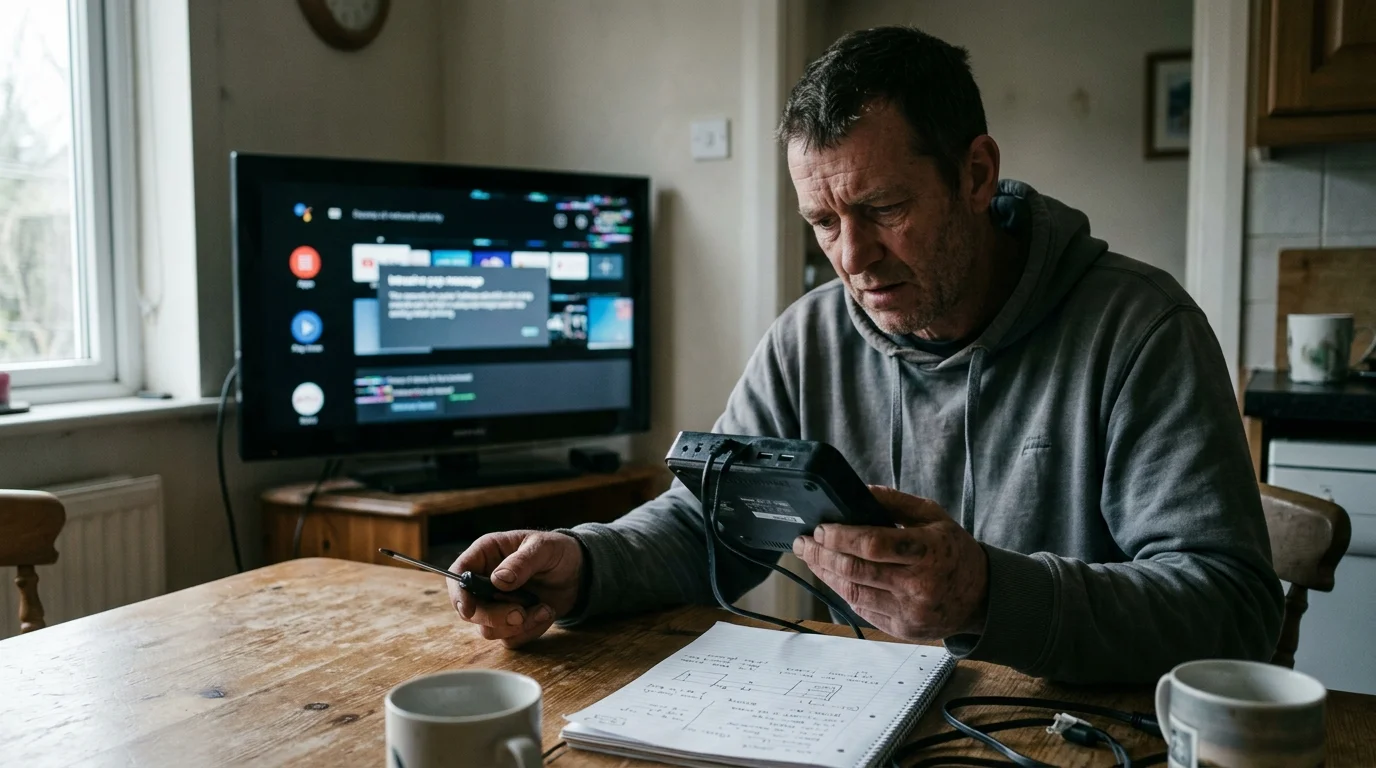 A man sits at a table holding a small TV box and screwdriver, looking closely at it with a television behind him.