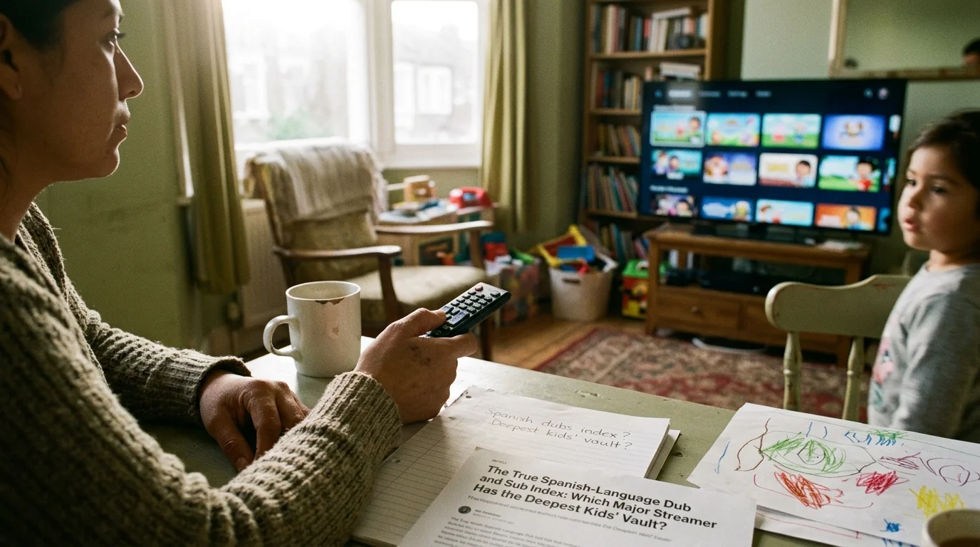 A woman holds a remote at a table while a child watches a television displaying a streaming menu in a living room.