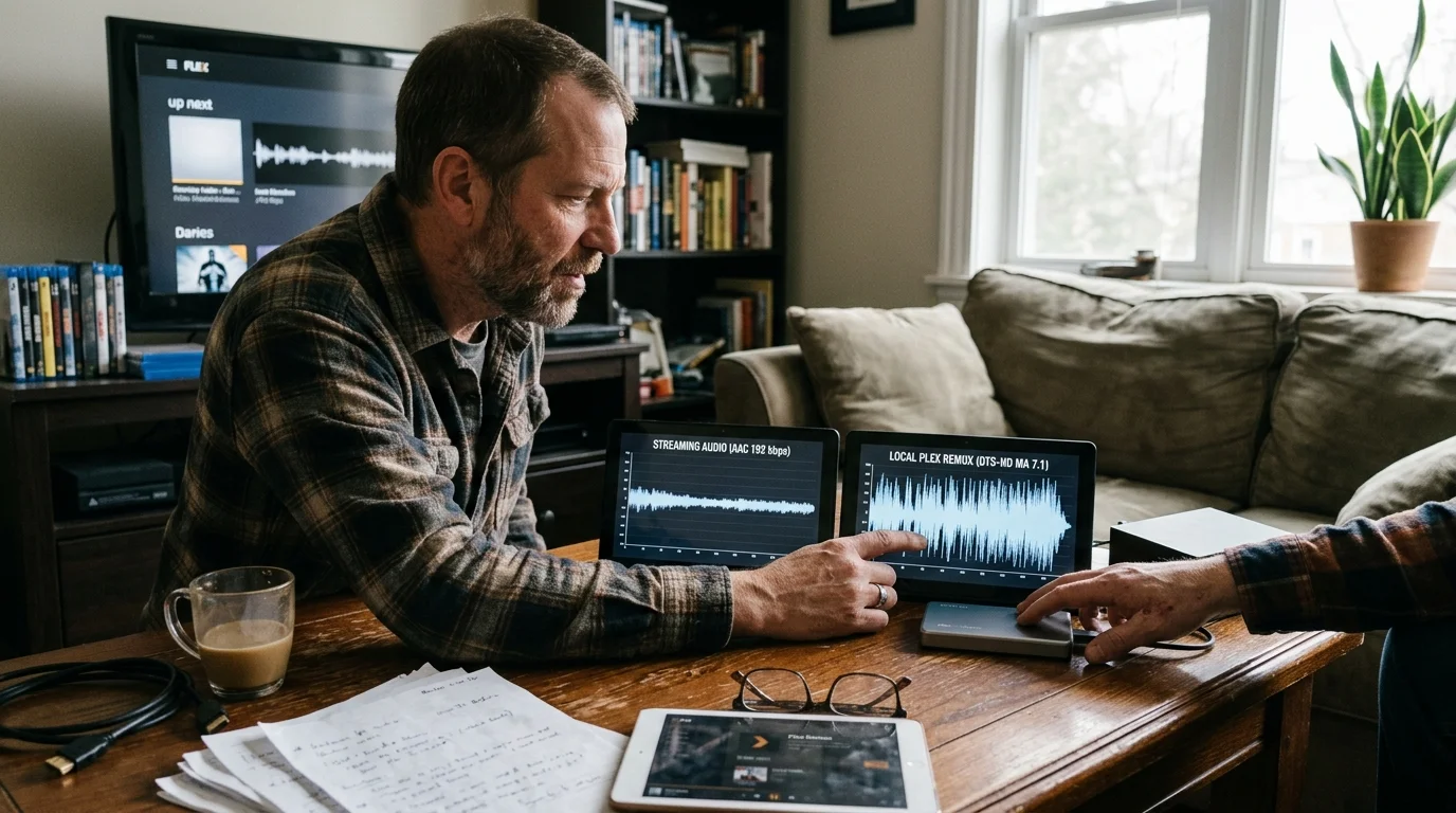 A man points at two small screens comparing waveforms of streaming audio and a local Plex remux on a wooden table.