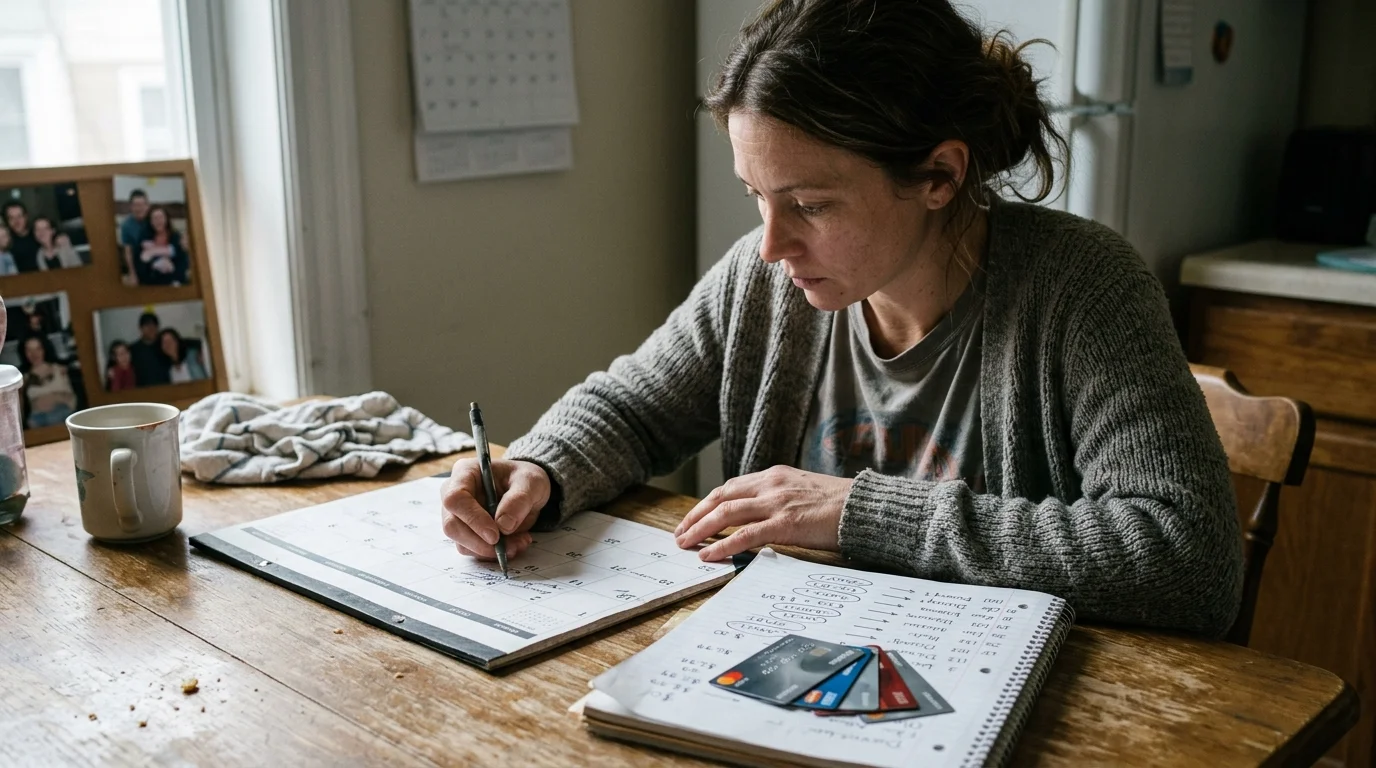 A woman sitting at a dining table writes on a desk calendar next to credit cards and a handwritten notebook.