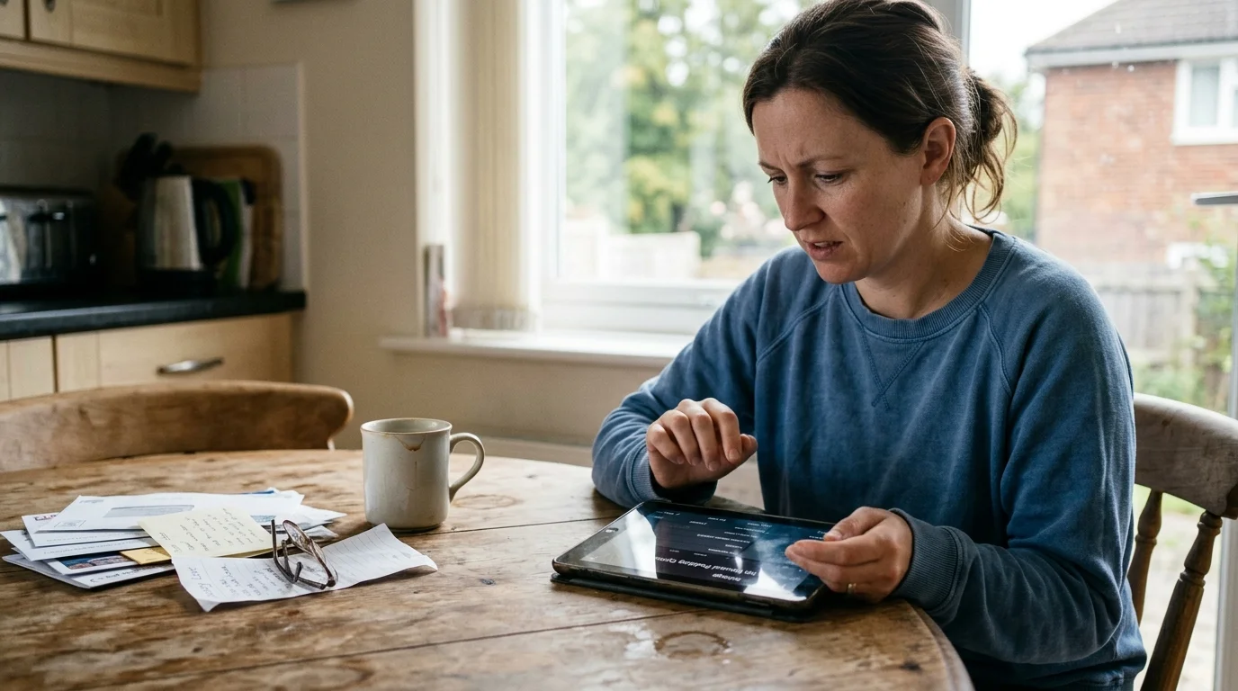 Woman sitting at a wooden dining table looking focused at a tablet screen beside papers and a coffee mug.