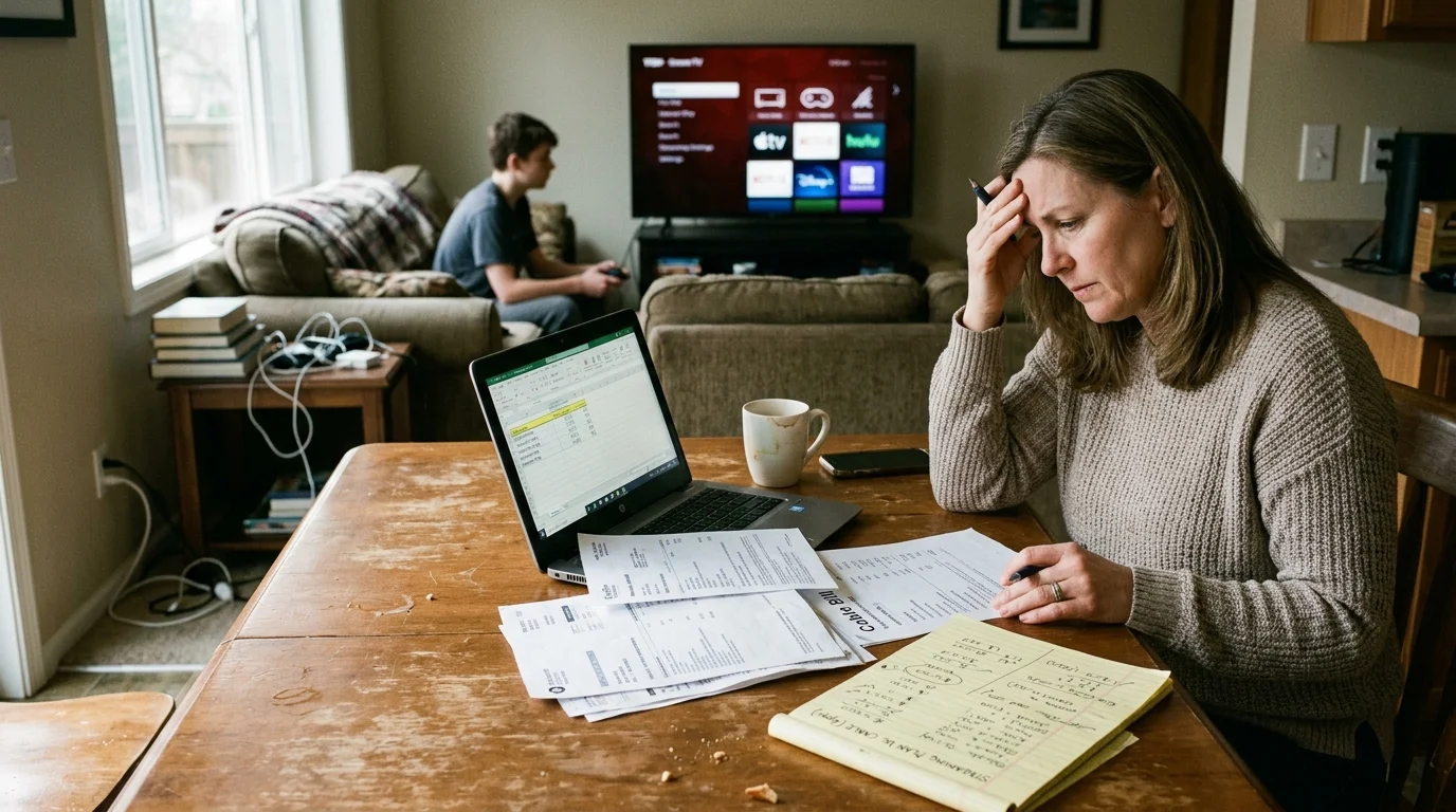 A stressed woman reviews paper bills and a laptop spreadsheet at a dining table while a boy plays video games behind her.