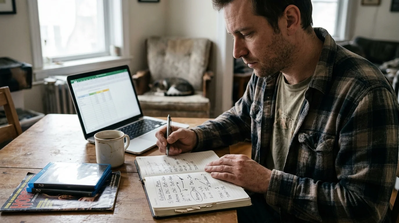 A man sitting at a wooden table writes in a notebook beside an open laptop displaying a spreadsheet.