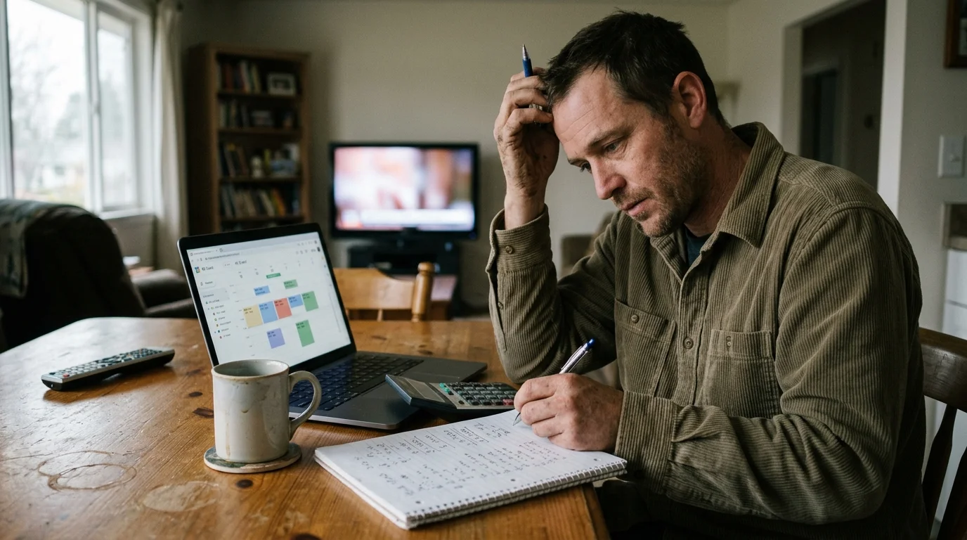 Man sitting at a wooden table with a laptop, calculator, notepad, and pen, looking stressed while reviewing finances.