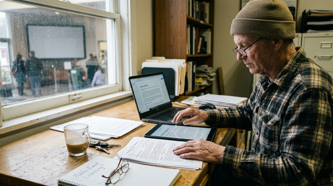 A man wearing glasses and a beanie sits at a wooden desk reviewing documents, a tablet, and a laptop by an office window.