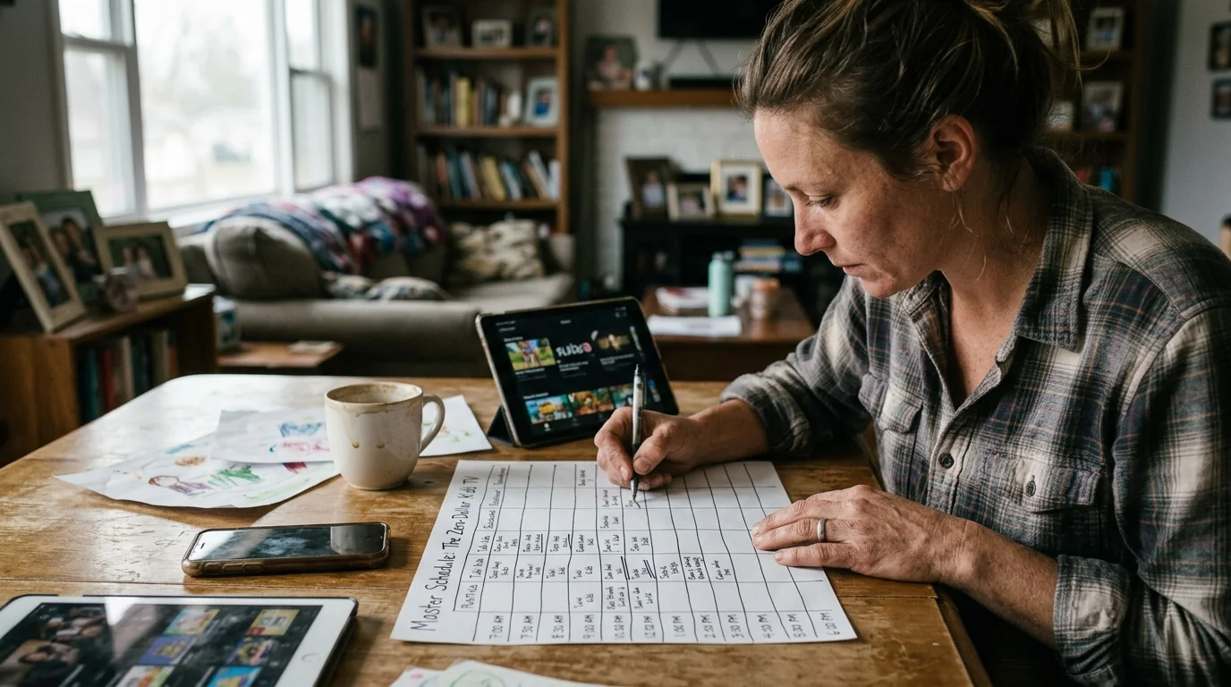 A woman sits at a wooden table writing out a daily viewing schedule on paper beside a tablet and coffee mug.