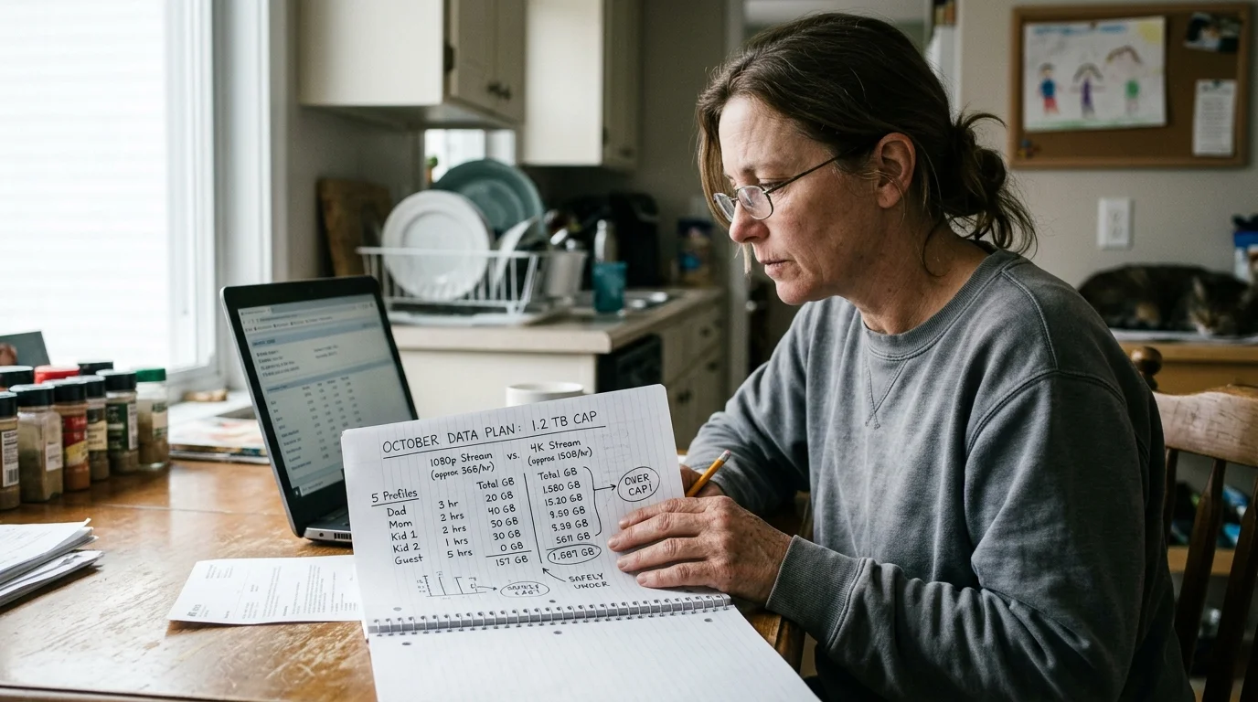 A woman sitting at a kitchen table holds a handwritten data plan notebook beside a laptop.