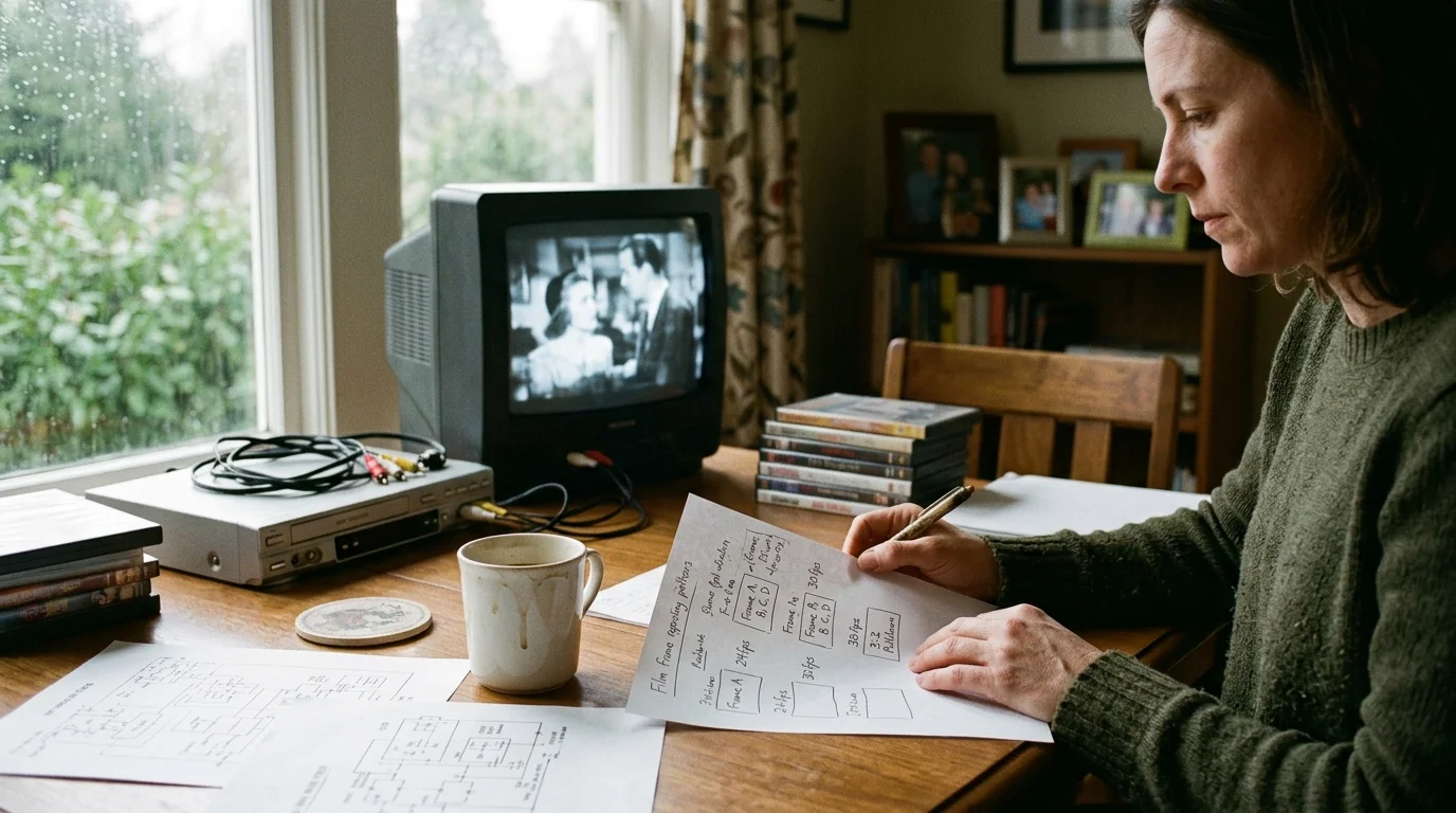 A woman writes notes beside a small CRT television playing a black-and-white movie on a wooden desk.
