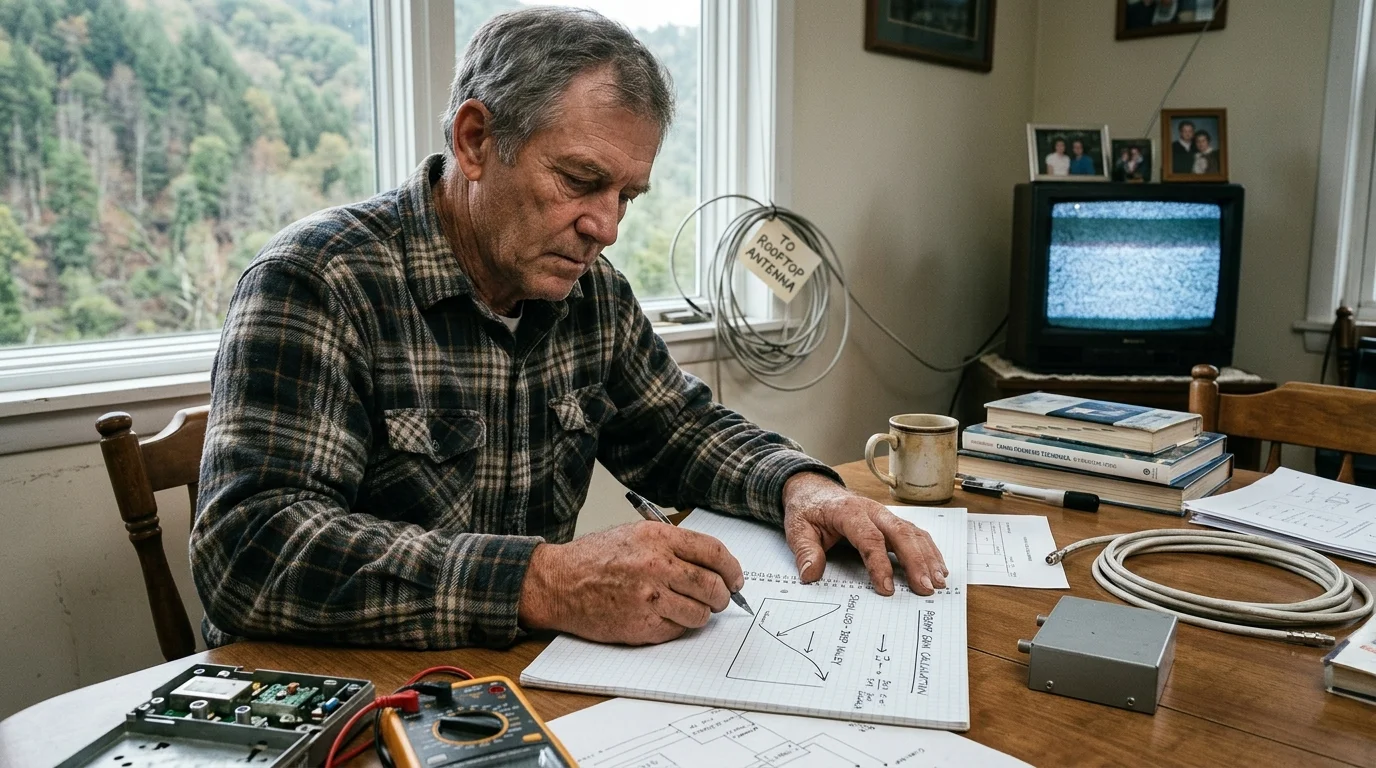 Man writing calculations in a notebook on a table with a multimeter, coaxial cable, and static-filled TV.