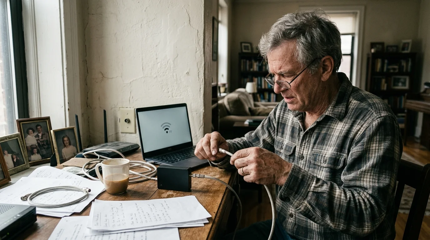 A man wearing glasses sits at a wooden desk connecting coaxial cables to a network adapter near a laptop.