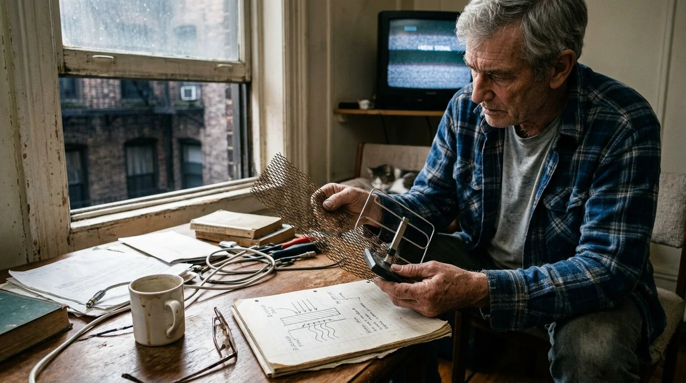 A man examines wire mesh and a small television antenna at a wooden desk with a static-filled TV in the background.