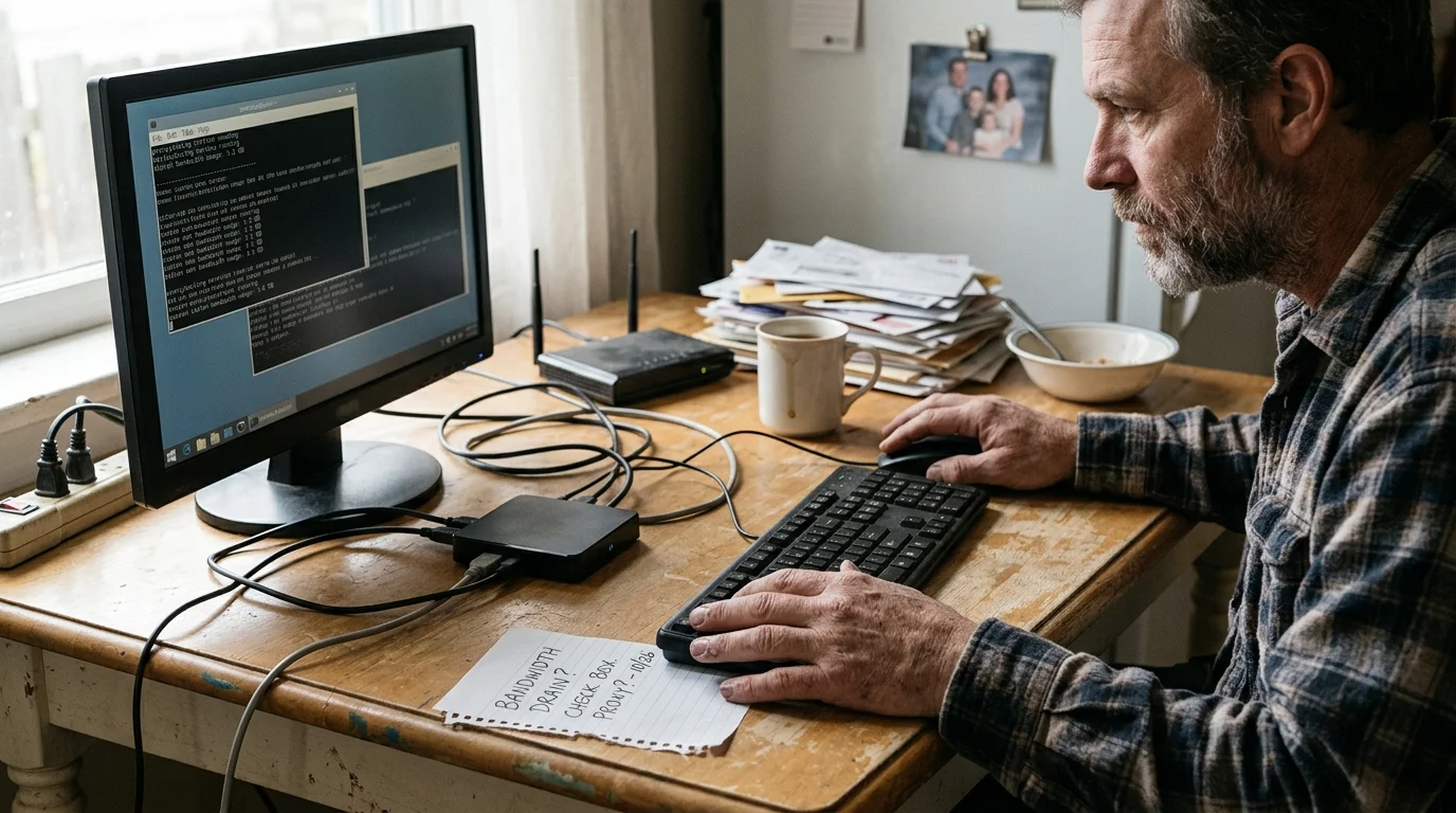A man sits at a desk with a computer monitor displaying code, a small streaming box, and a handwritten note.