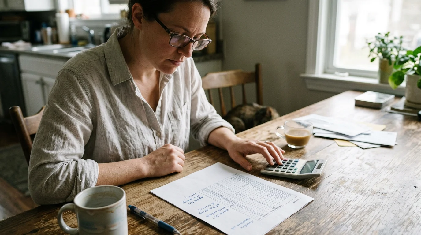 A woman wearing glasses sits at a wooden dining table calculating expenses with paperwork and a desk calculator.
