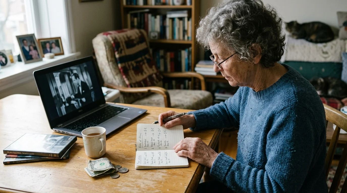 An older woman writes in a notebook at a table beside a laptop playing a black-and-white movie and cash.