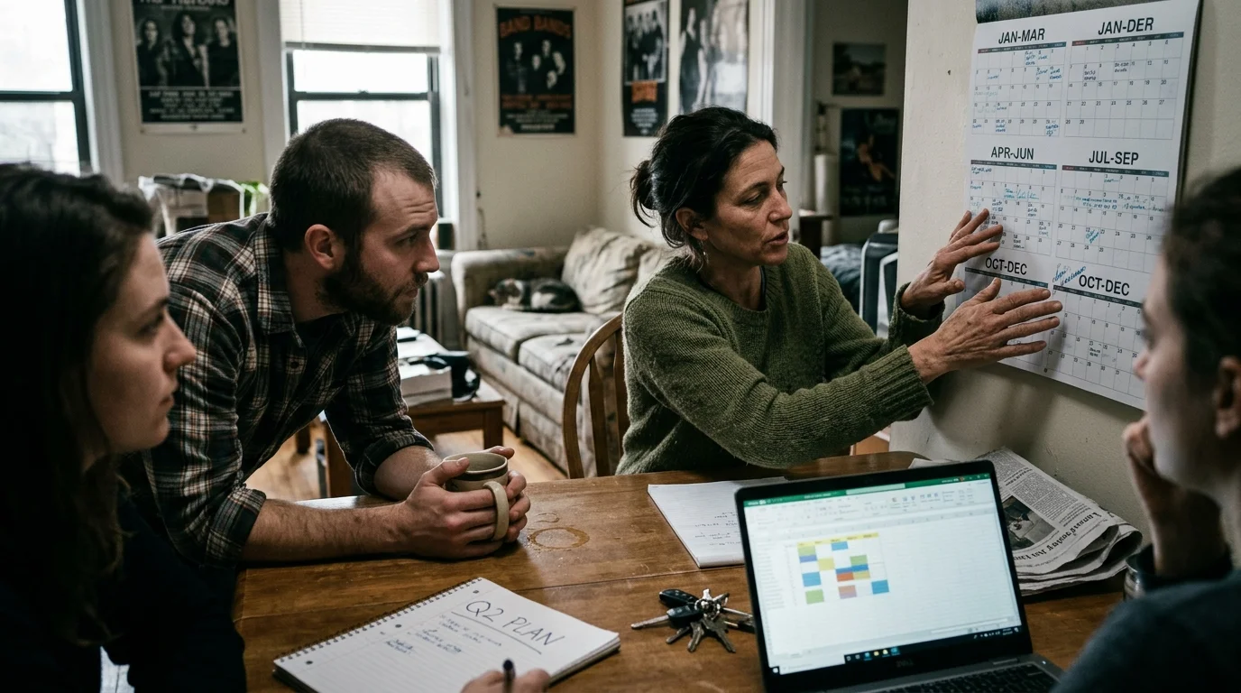A group sits around a table with a laptop and notebook while a woman gestures toward a wall calendar.