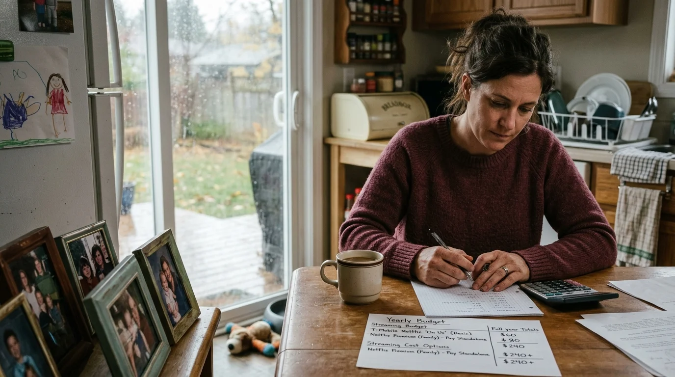 A woman sits at a kitchen table writing on paper beside a calculator, coffee mug, and handwritten budget sheet.