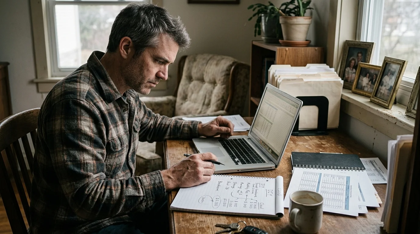 A man sits at a wooden desk with a laptop, calculator notes, and papers analyzing DIY versus cloud expenses.